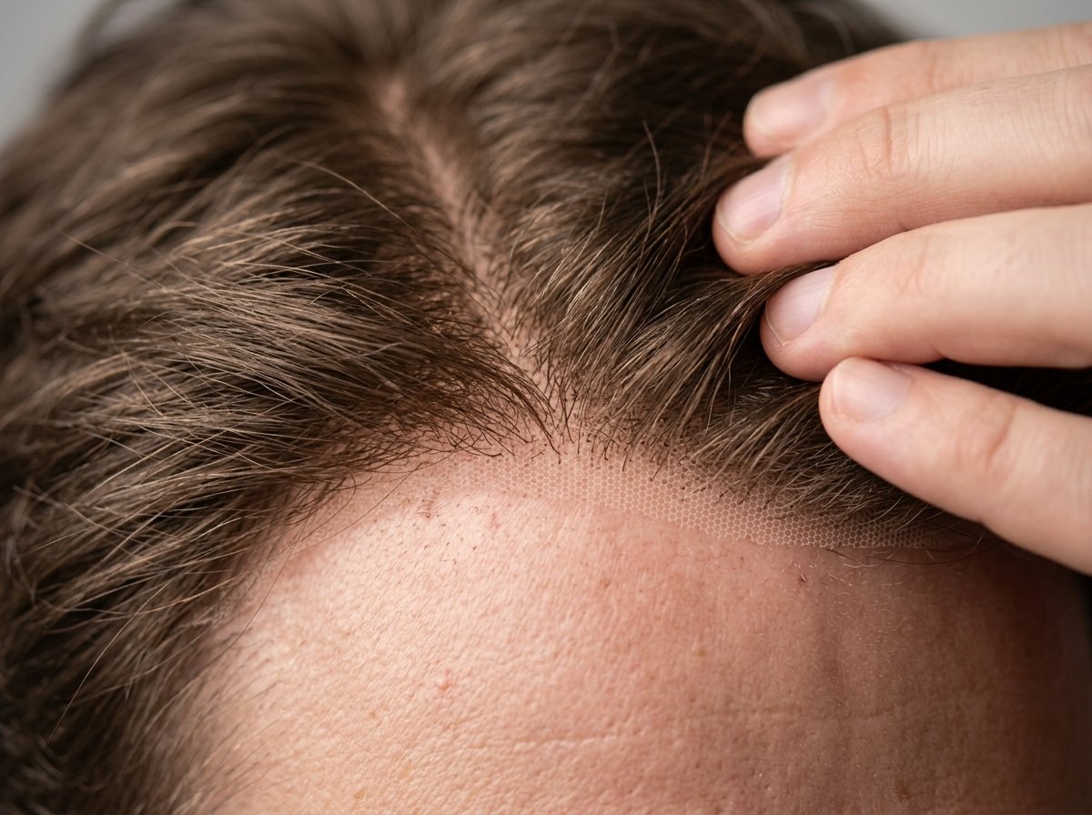 Seamless hairline detail of custom non-surgical hair restoration system