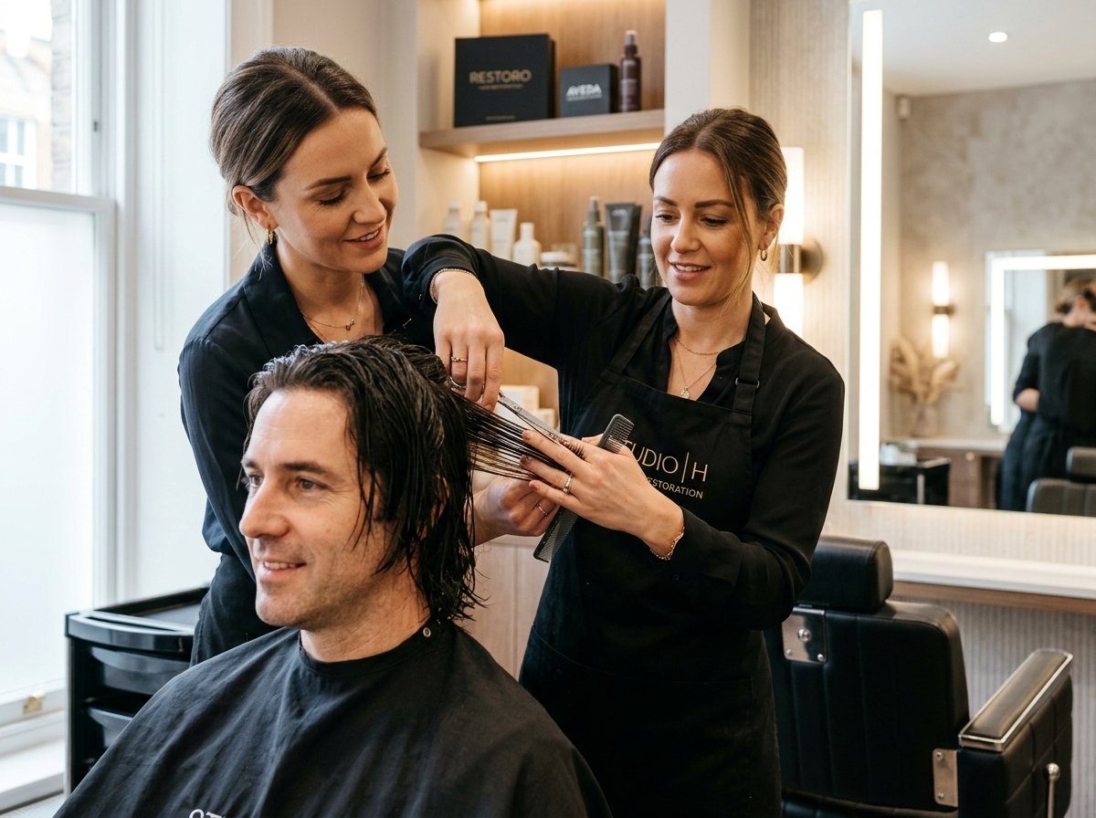 Hair system precision cut-in and styling process at Billion Hair Studio